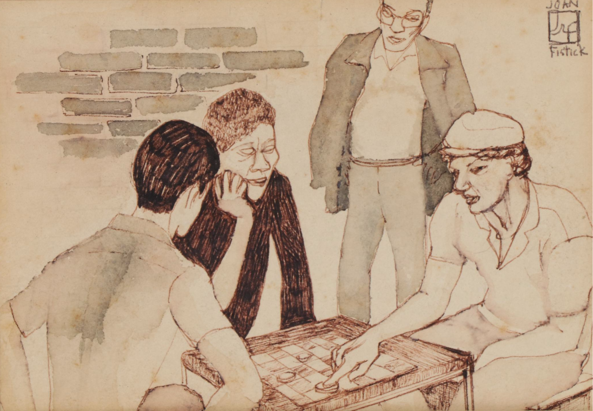 Joan Fistick Ink and Watercolor Drawing of Checkers Game