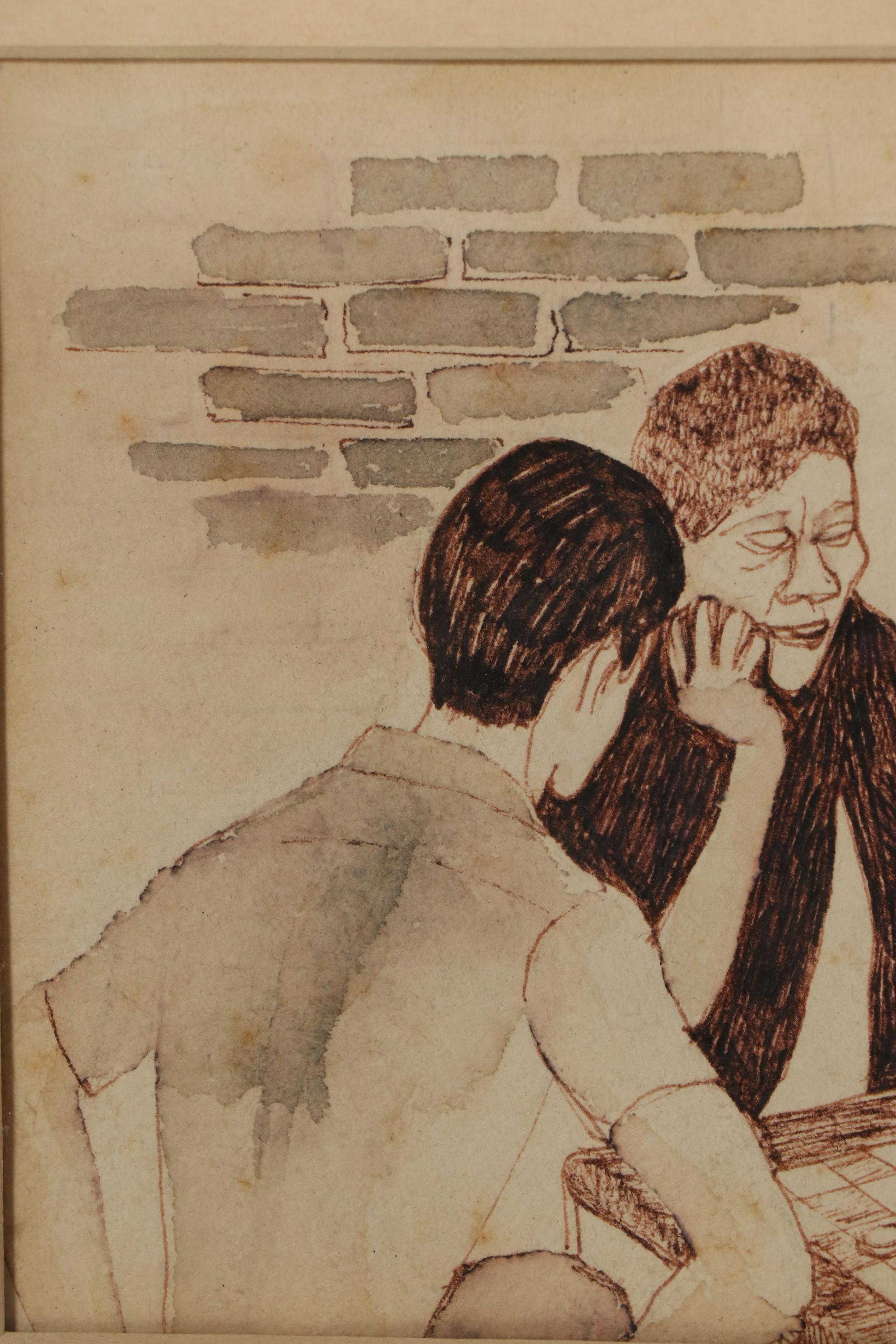 Joan Fistick Ink and Watercolor Drawing of Checkers Game