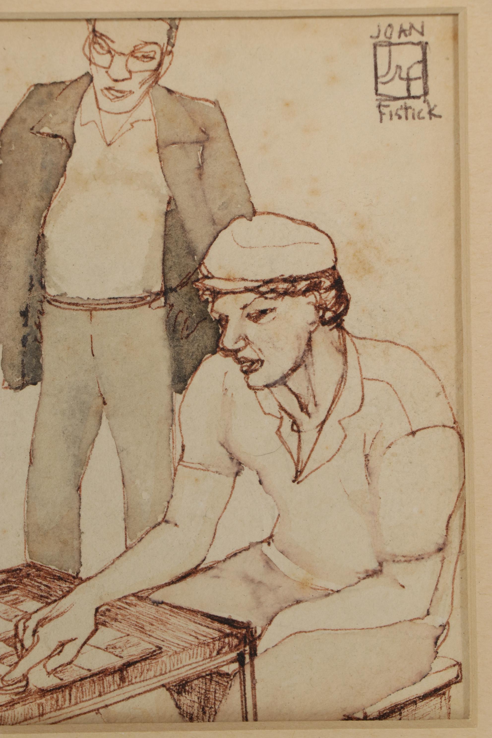 Joan Fistick Ink and Watercolor Drawing of Checkers Game