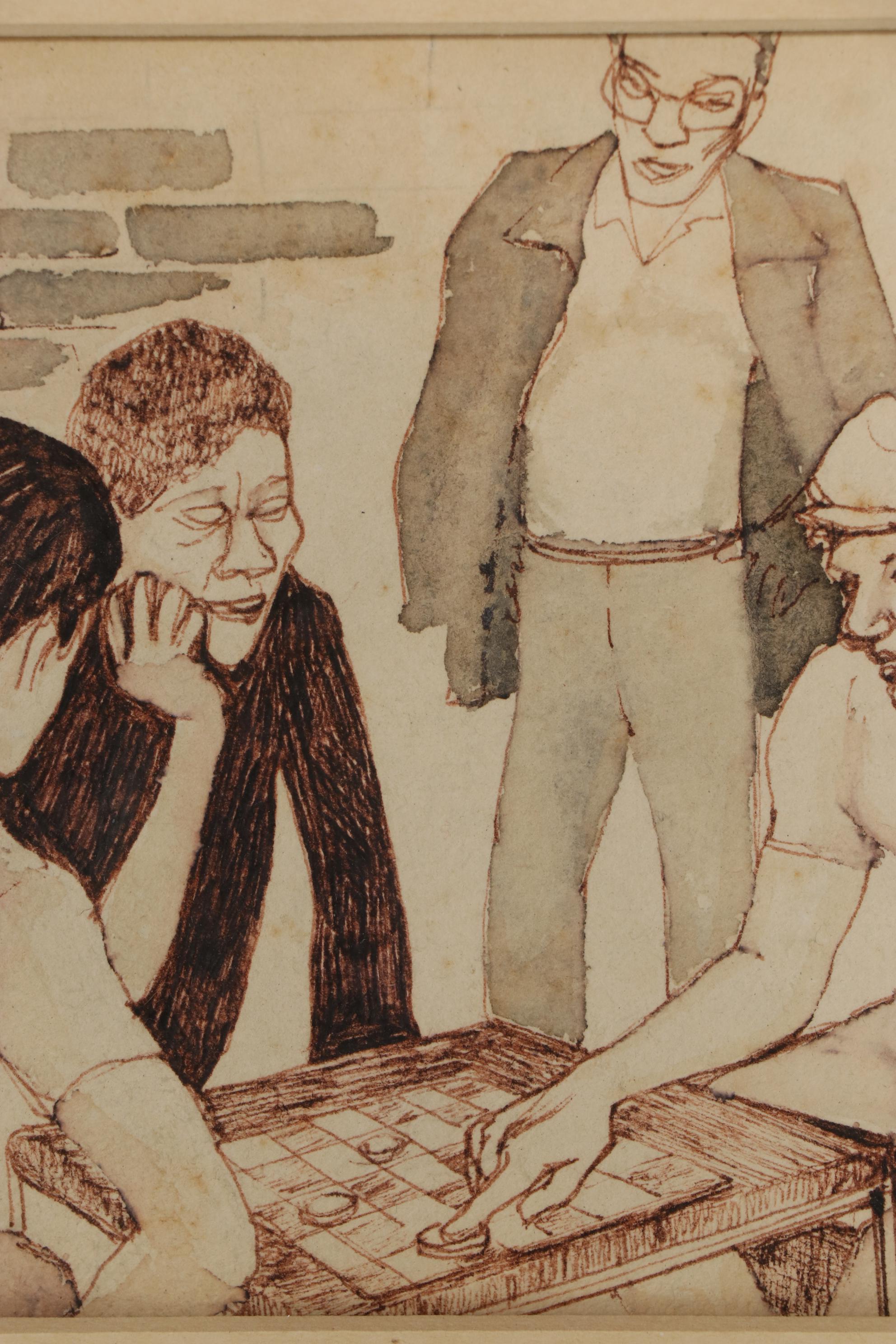 Joan Fistick Ink and Watercolor Drawing of Checkers Game