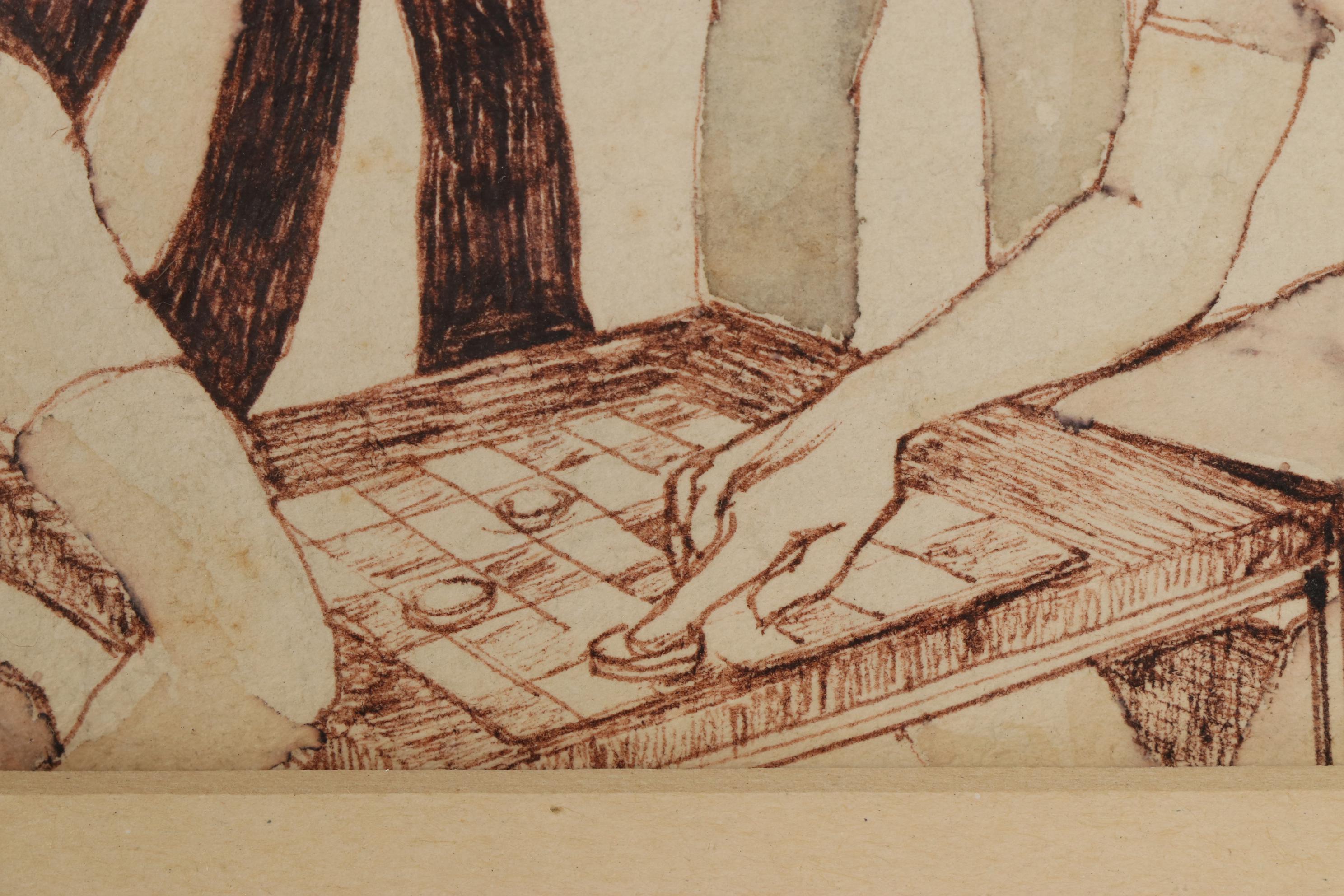 Joan Fistick Ink and Watercolor Drawing of Checkers Game