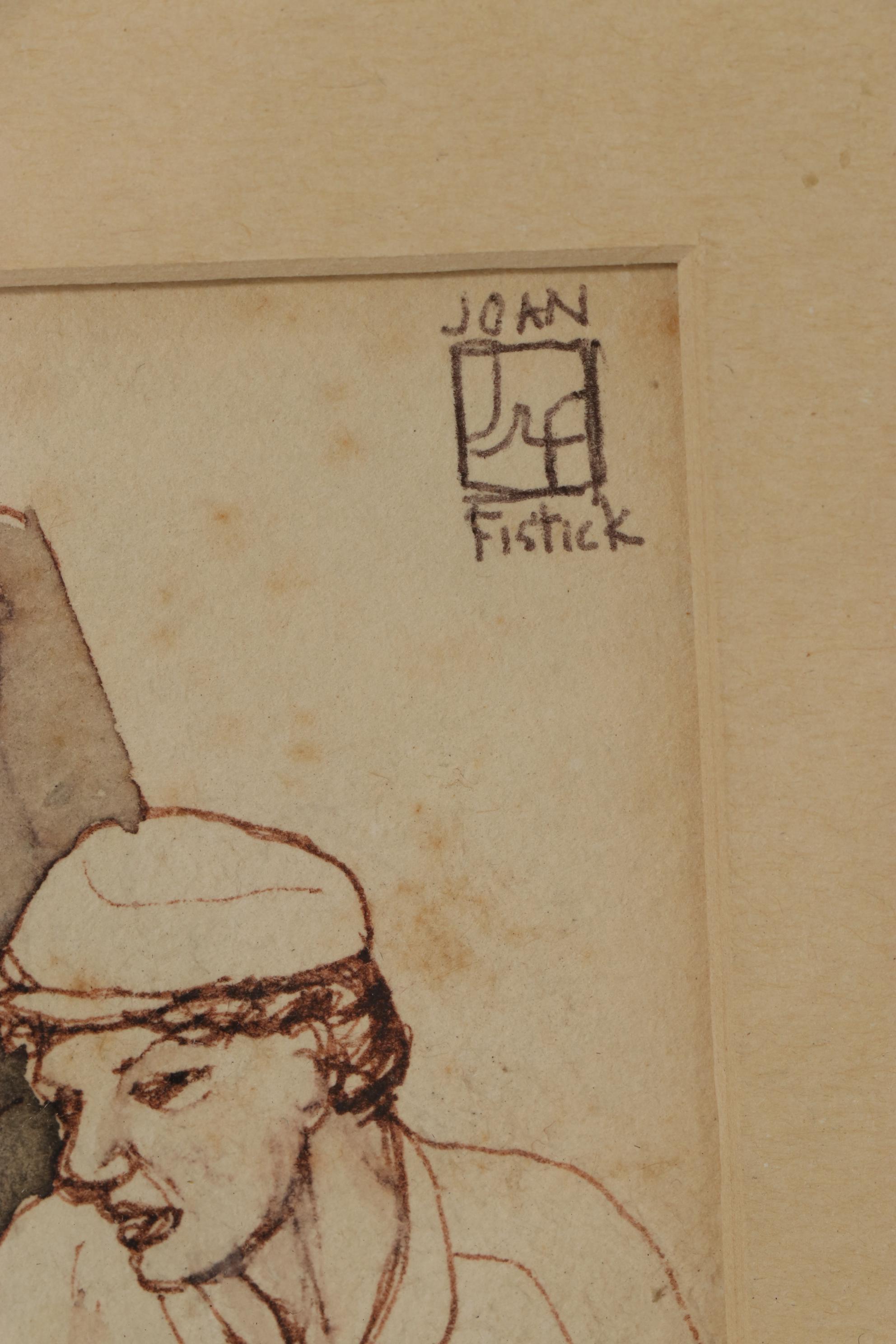 Joan Fistick Ink and Watercolor Drawing of Checkers Game