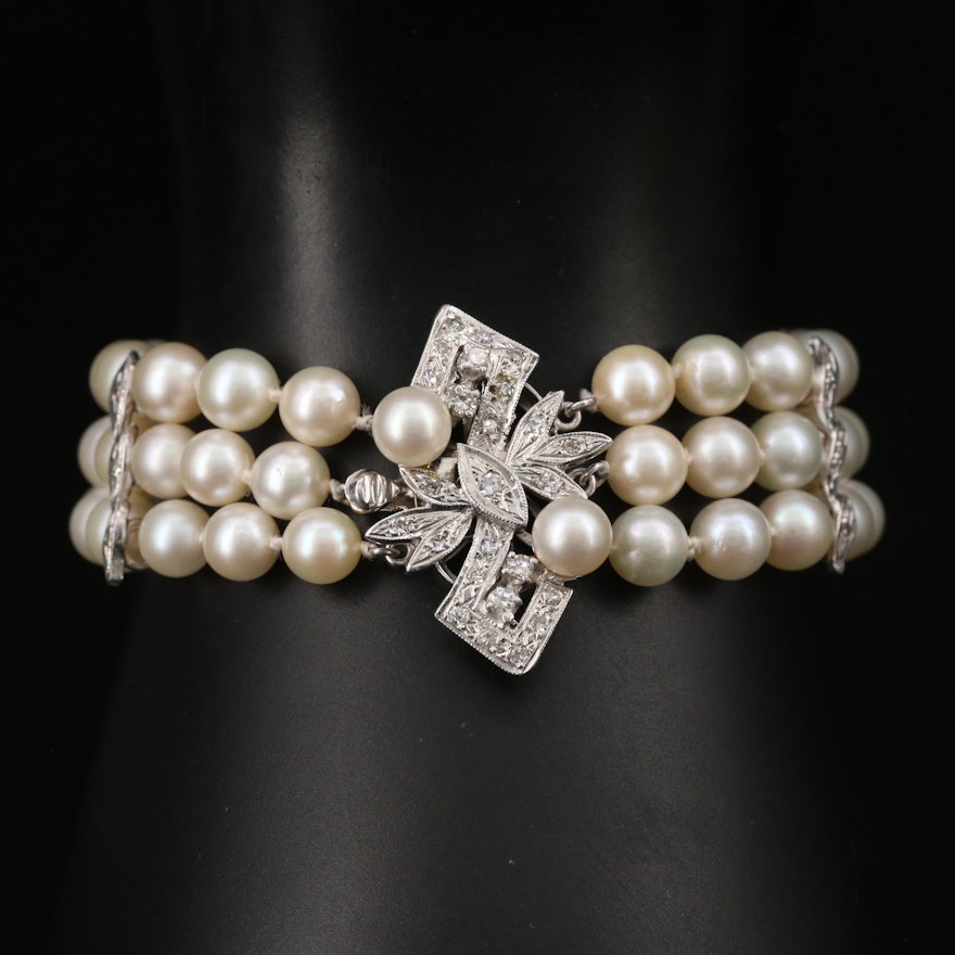 Vintage Triple Strand Pearl Bracelet with 14K Diamond Clasp