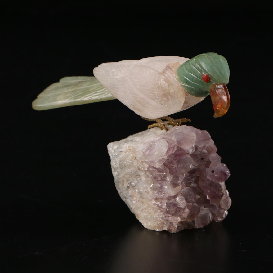 Carved Serpentine and Quartz Parrot Figurine on Amethyst Base