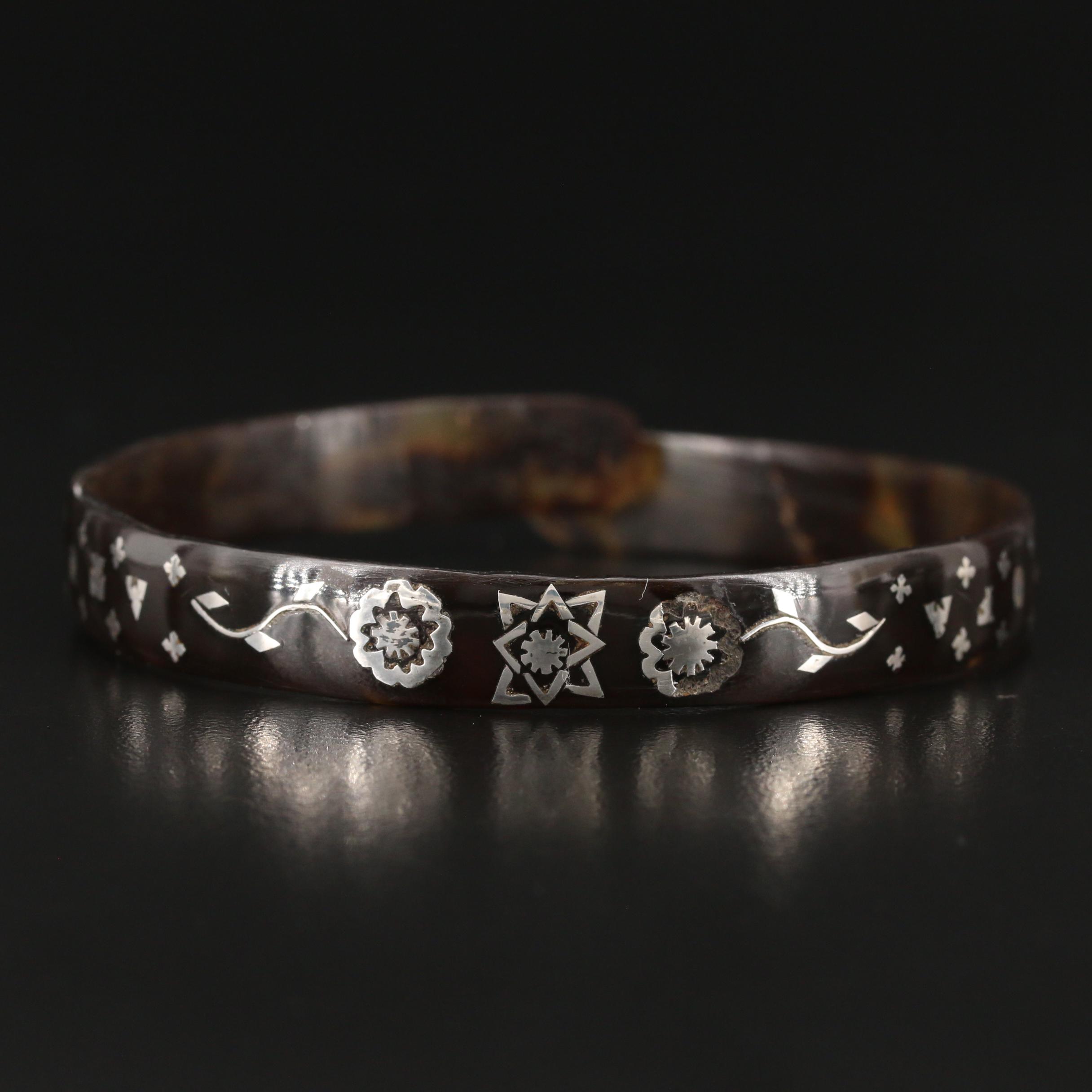 Mid Victorian Tortoise Shell Bangle with Sterling Silver Piqué Posé Inlay
