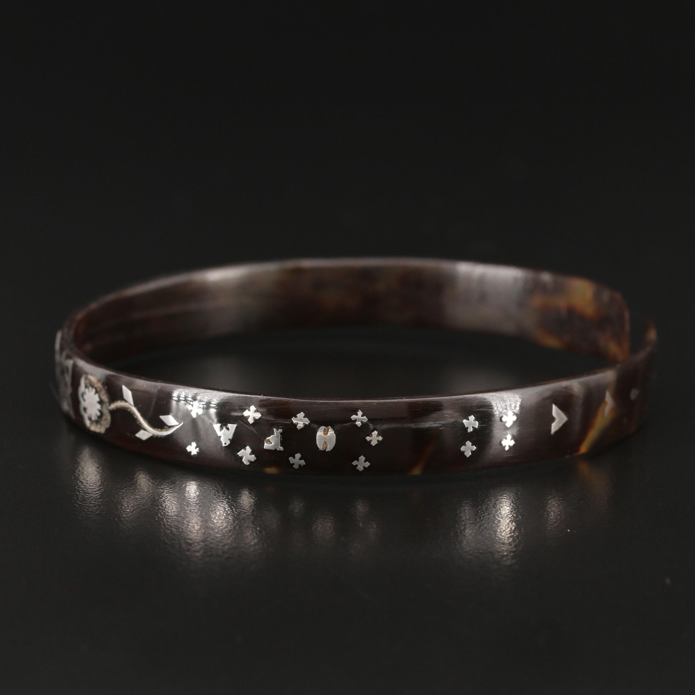 Mid Victorian Tortoise Shell Bangle with Sterling Silver Piqué Posé Inlay