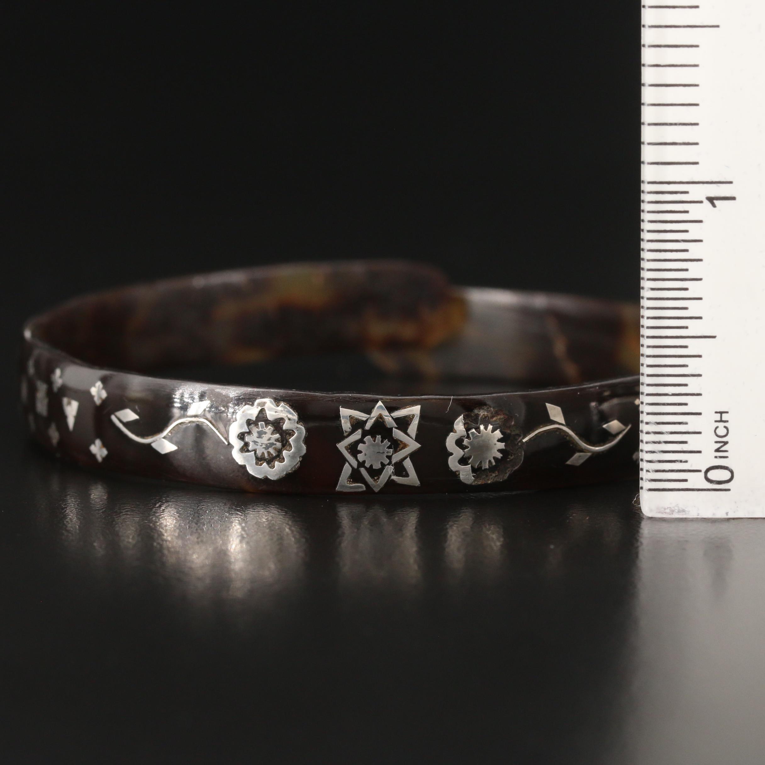 Mid Victorian Tortoise Shell Bangle with Sterling Silver Piqué Posé Inlay