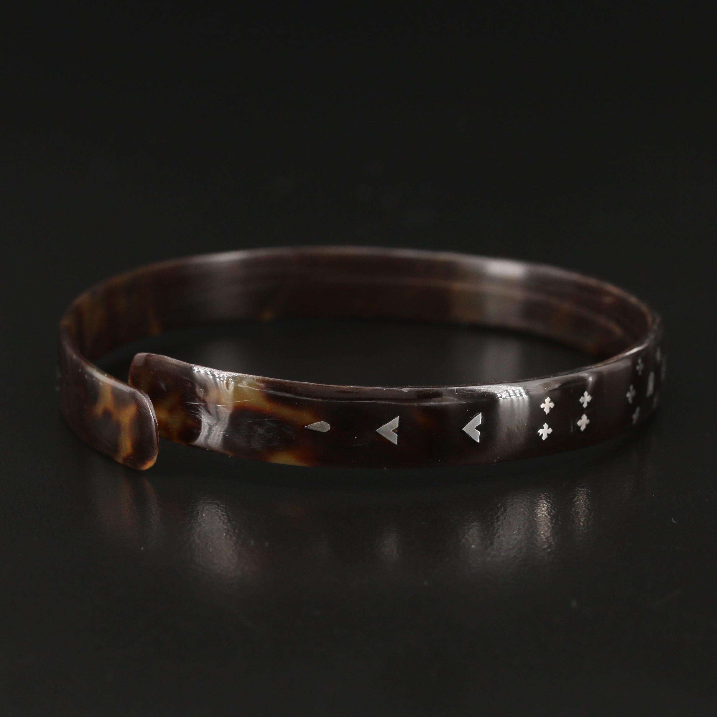 Mid Victorian Tortoise Shell Bangle with Sterling Silver Piqué Posé Inlay