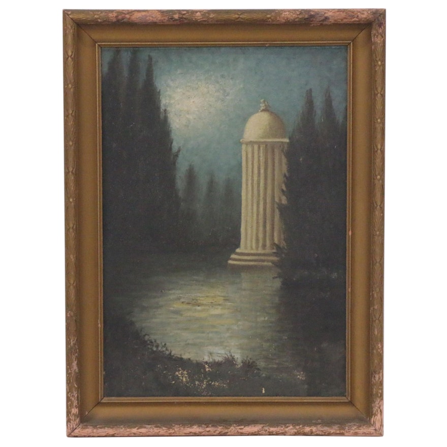 Romantic Oil Painting of Moonlit Pond, 20th Century