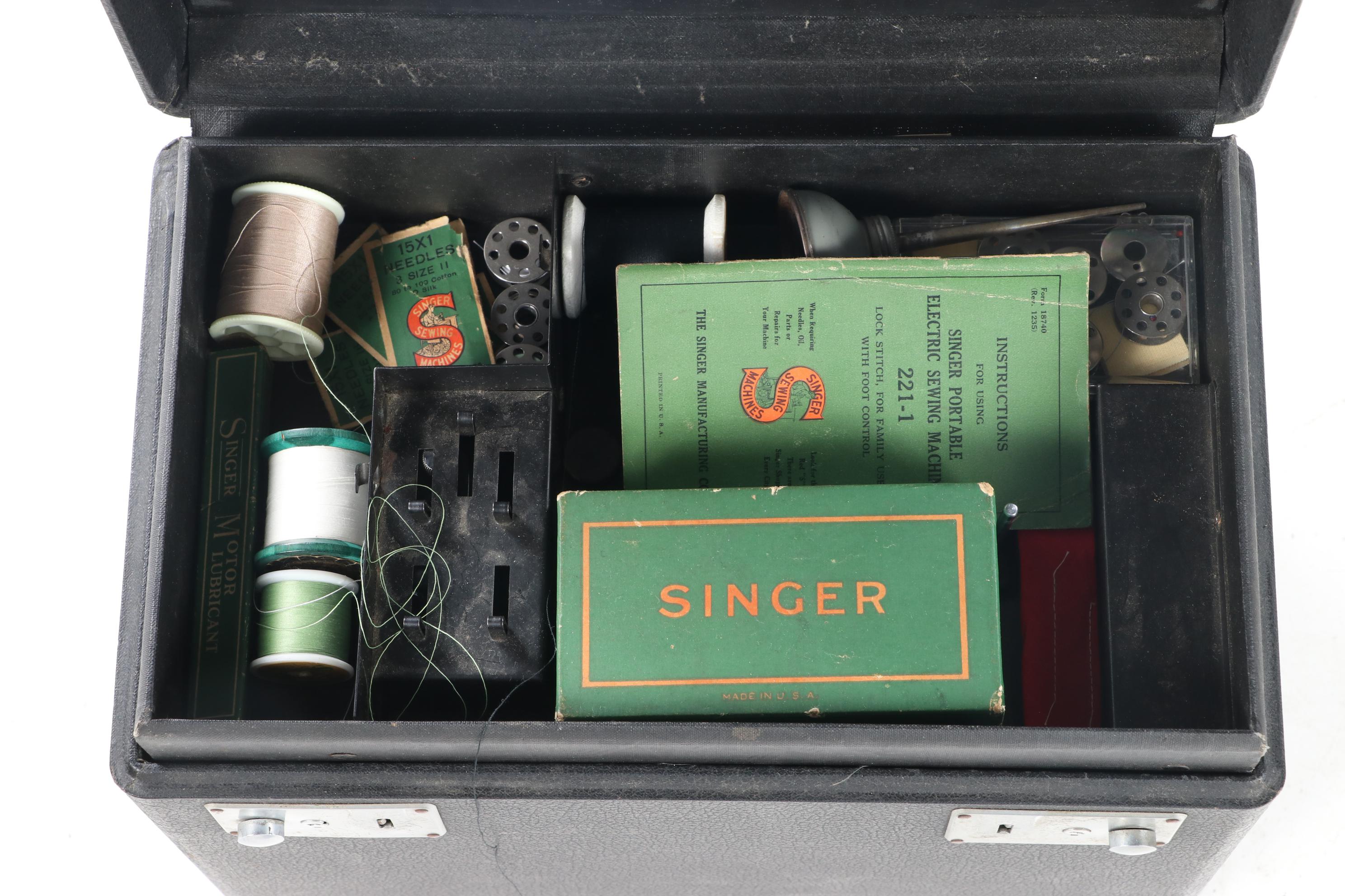 Singer "221-1" Portable Electric Sewing Machine with Accessories and Case