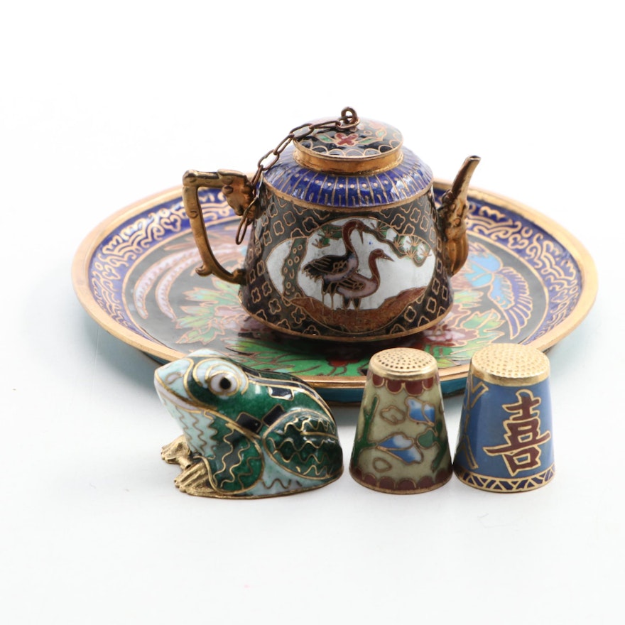 Miniature Chinese Cloisonné Teapot, Frog Figurine, Thimbles, and Decorative Dish