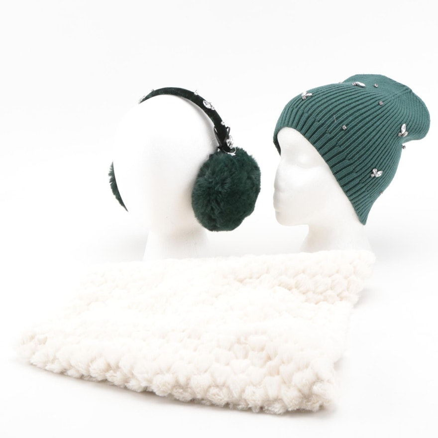 INC International Concepts Infinity Cowl, Green Embellished Beanie and Earmuffs