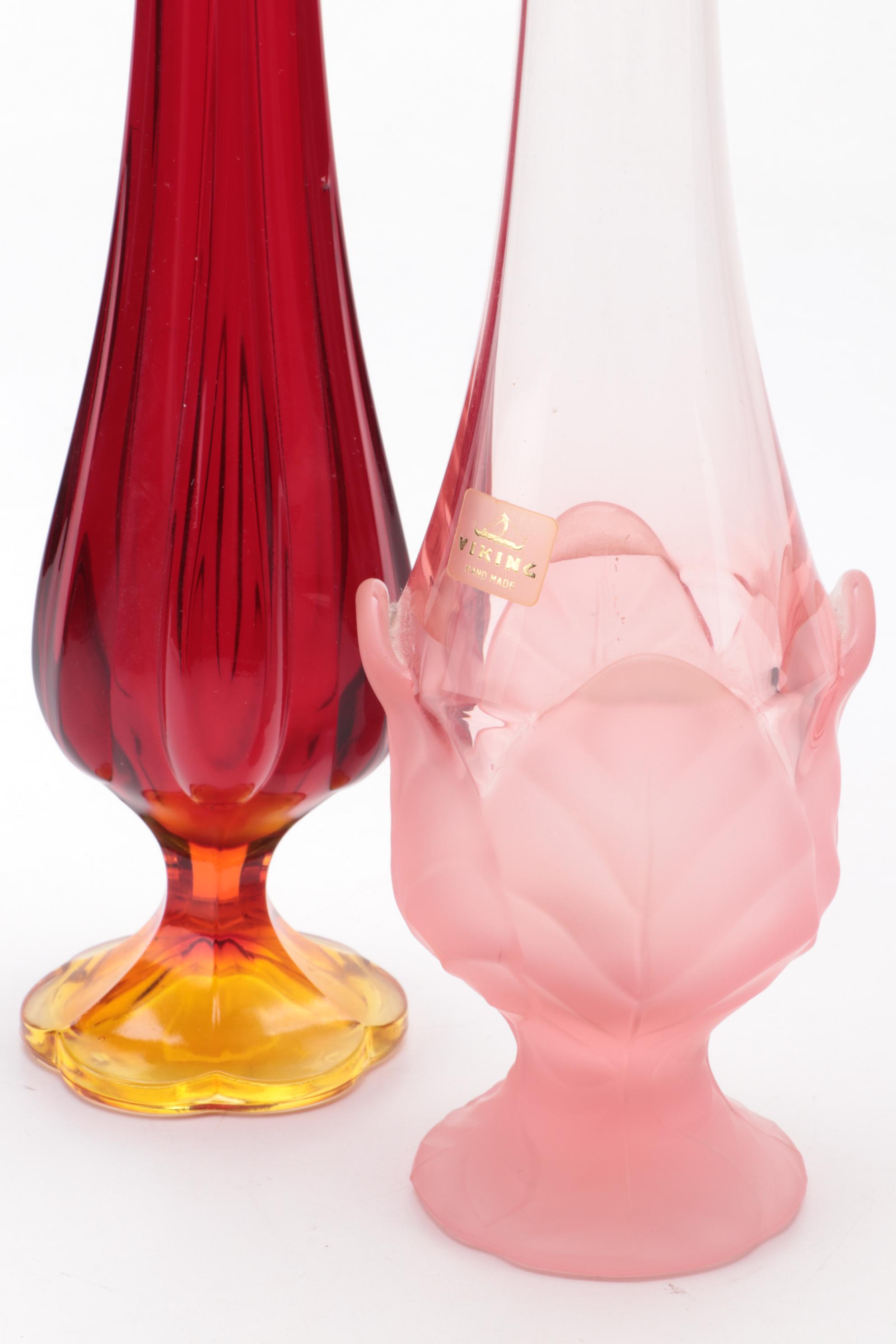 Viking Handmade Pink Frosted Cabbage Leaf, Amberina and Other Swung Vases
