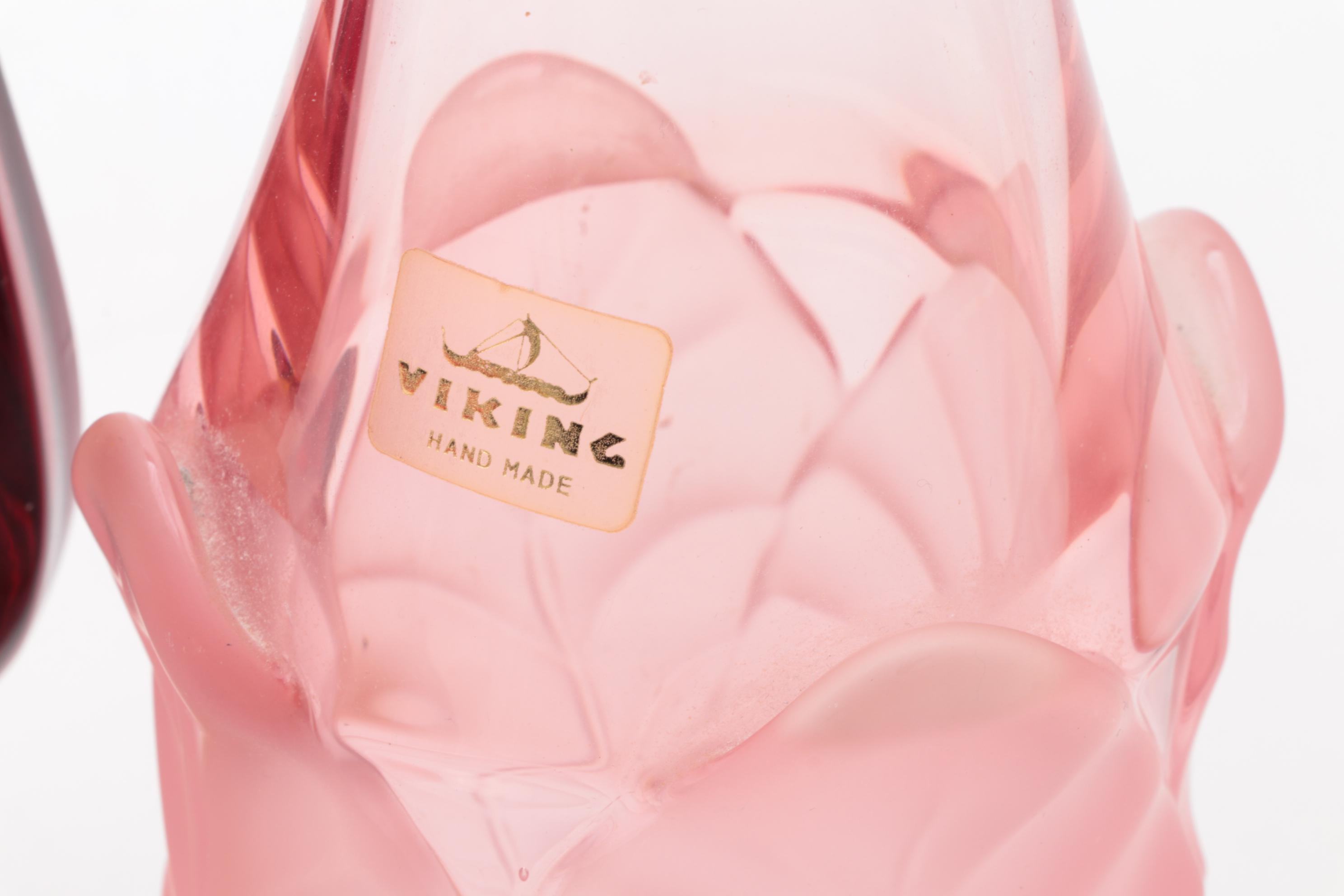 Viking Handmade Pink Frosted Cabbage Leaf, Amberina and Other Swung Vases