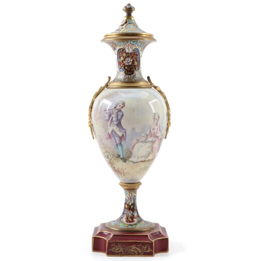 Sevres Style Champleve and Hand-Painted Porcelain Urn