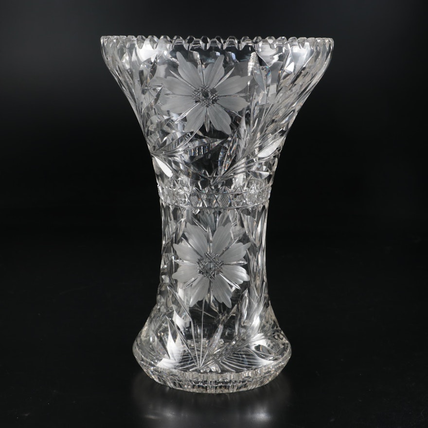 Floral Sawtooth Rim Cut Glass Vase, Early to Mid 20th Century