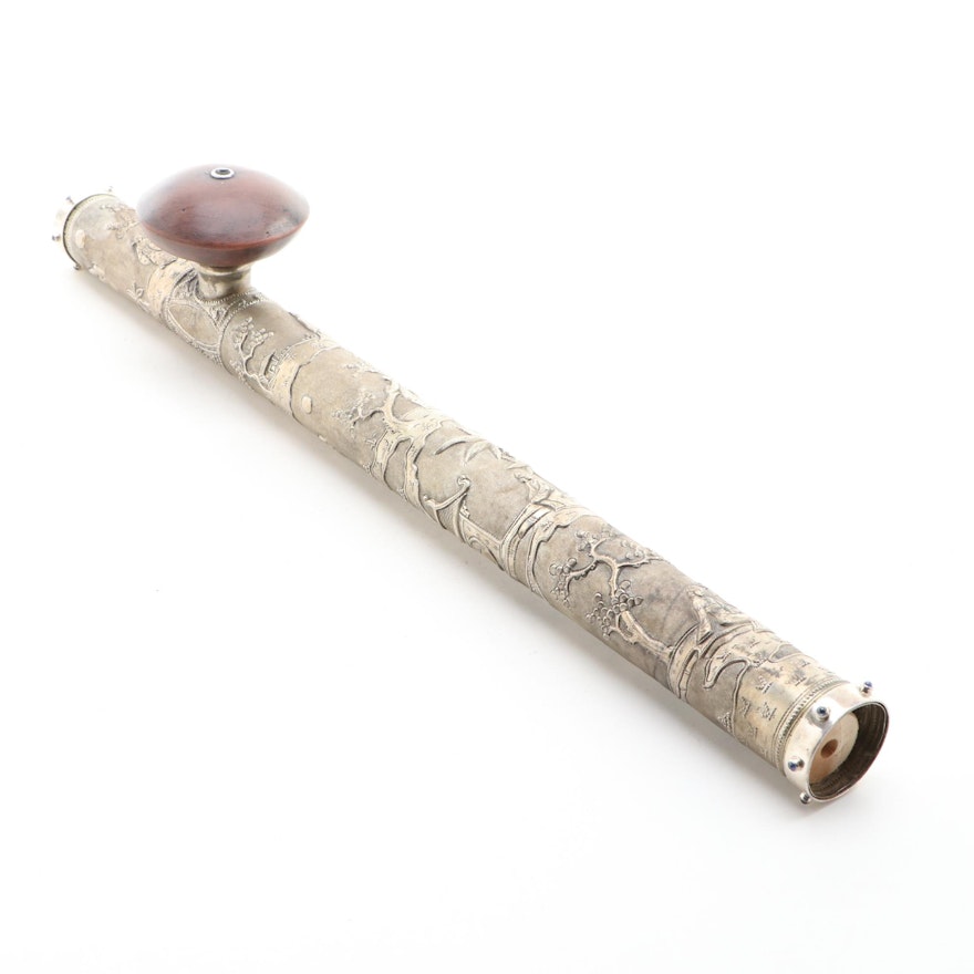 South East Asian Embossed Metal Opium Pipe with Sapphire Cabachon Inlays