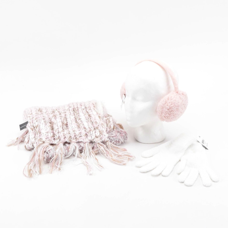 INC Blush Earmuffs and Striped Scarf with Charter Club White Gloves