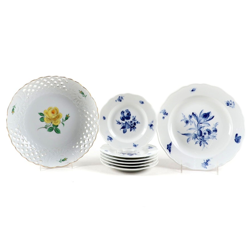 Meissen Yellow Rose Reticulated Bowl and Blue Flower Plates, Mid- Late 20th C.