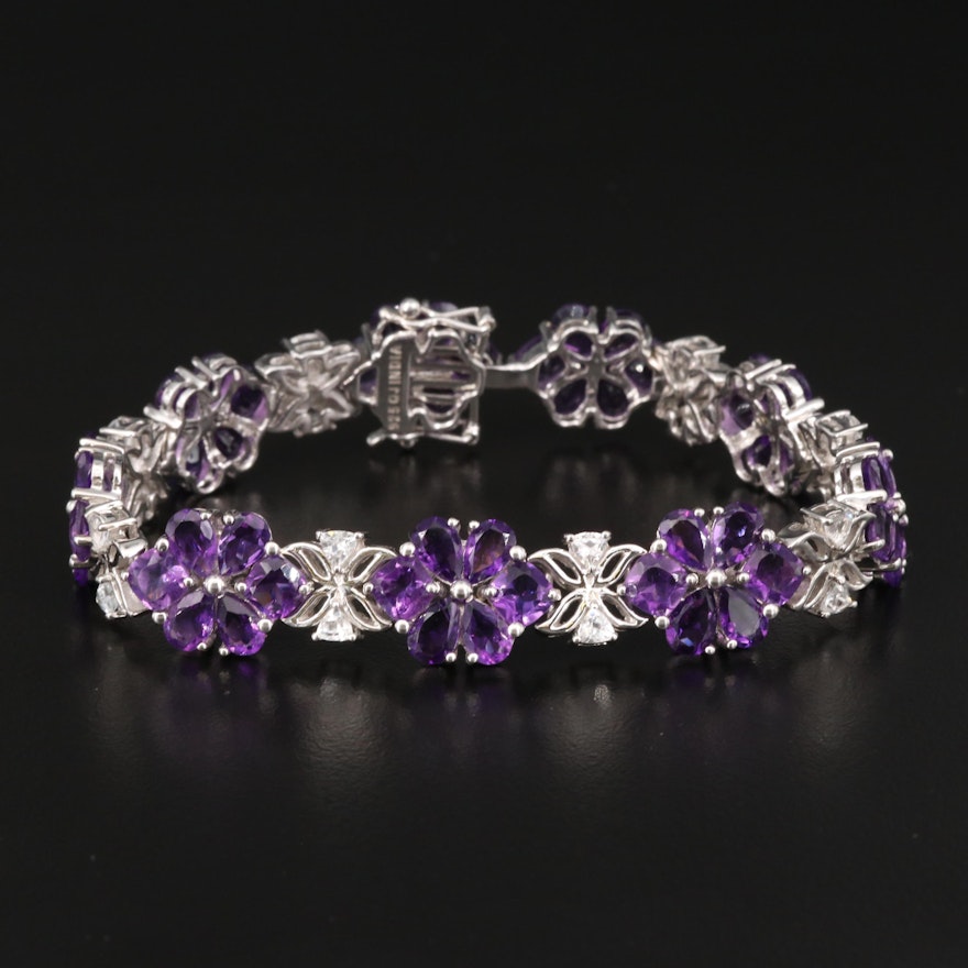 Sterling Silver Amethyst and White Topaz Link Bracelet with Foliate Pattern