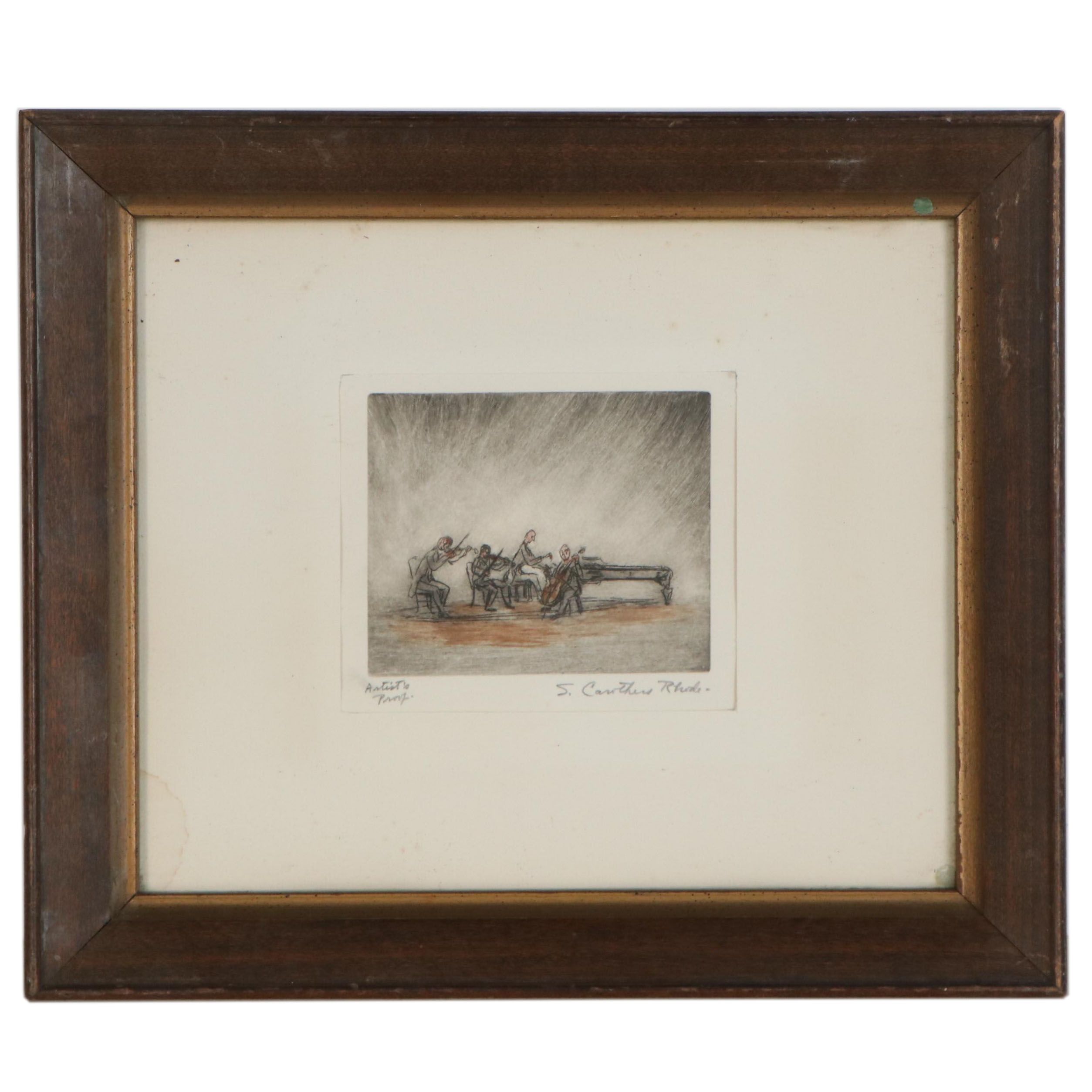Sarah Carothers Rhode Hand-Colored Etching of Musicians, 20th Century