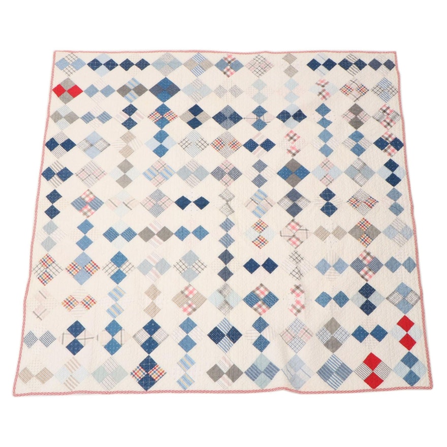 Handmade "Diamond Four Patch" Pieced Quilt, Mid-20th Century