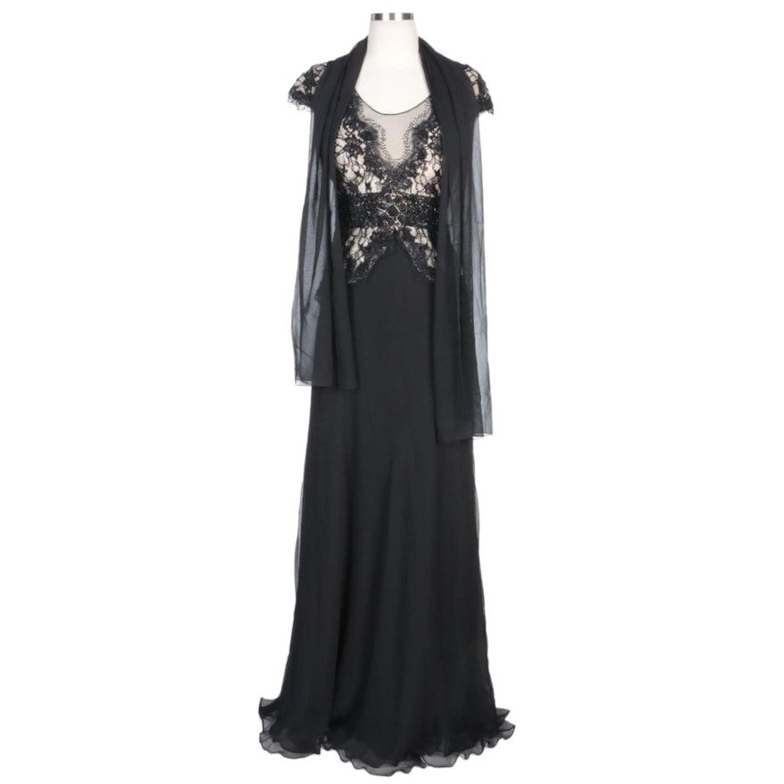 Alberto Makali Black Silk Blend Gown with Beaded Lace Bodice Overlay and Wrap