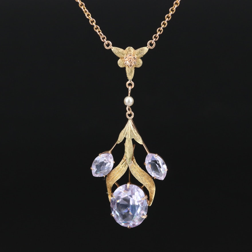 Art Nouveau 10K Glass and Imitation Pearl Lavalier Necklace