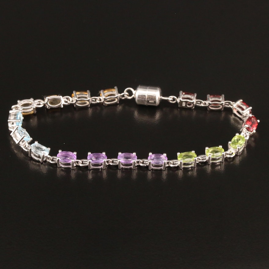 Sterling Silver Amethyst, Citrine and Garnet Link Bracelet