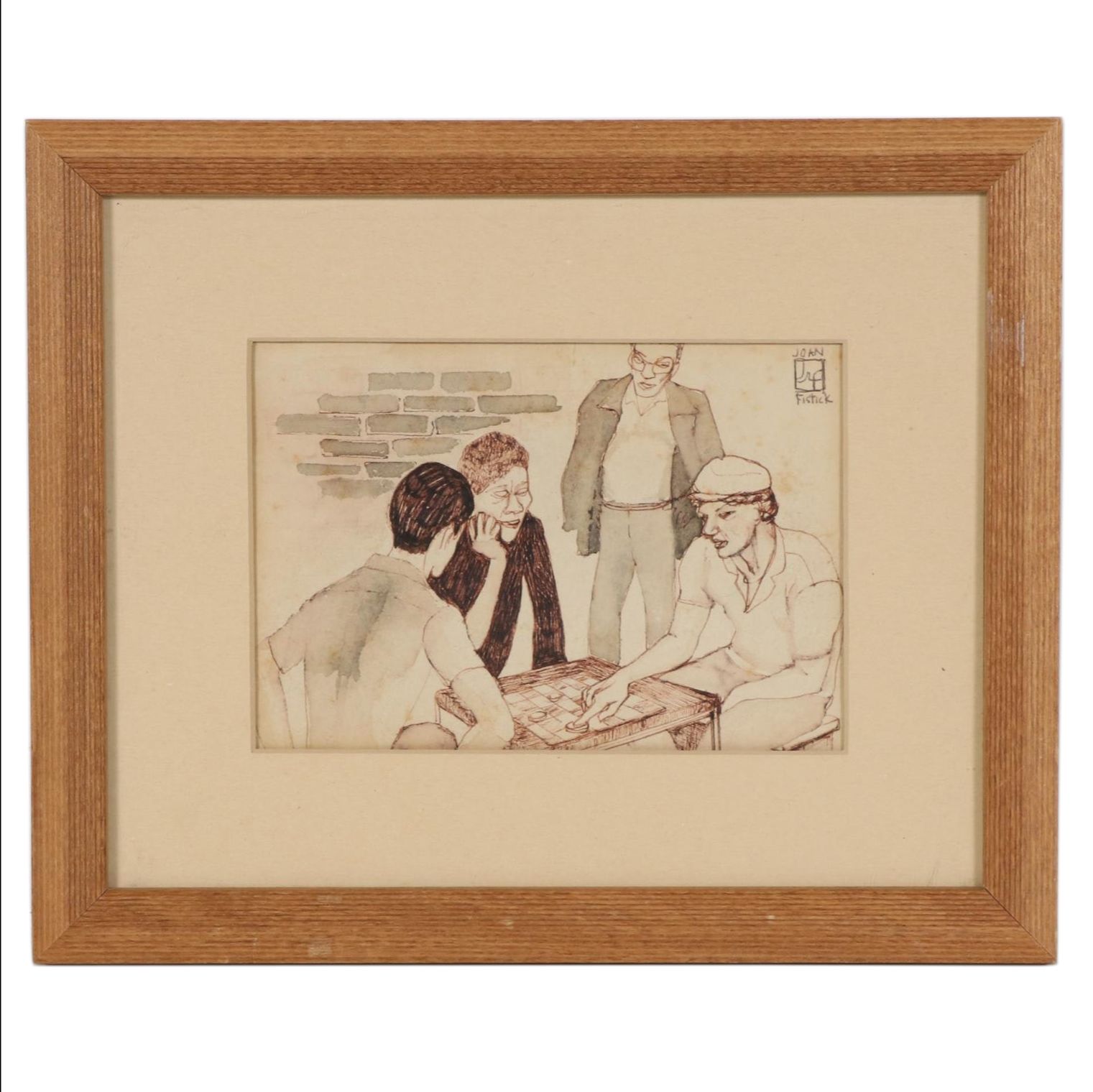 Joan Fistick Ink and Watercolor Drawing of Checkers Game