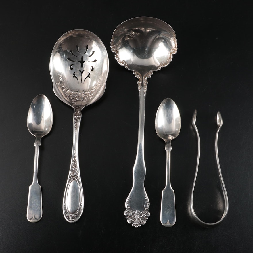 Danish Sterling Silver Sugar Tongs and Other Silver Plate Utensils