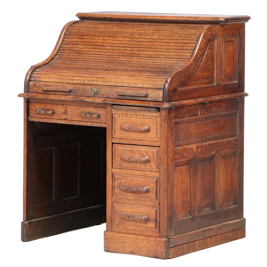 American Victorian Oak Roll-Top Desk, Early 20th Century