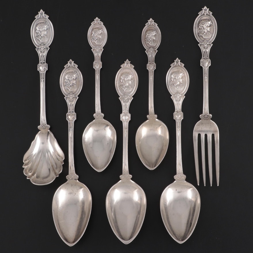 Hotchkiss & Schreuder "Medallion" Coin Silver Spoons and Fork, Mid-19th Century