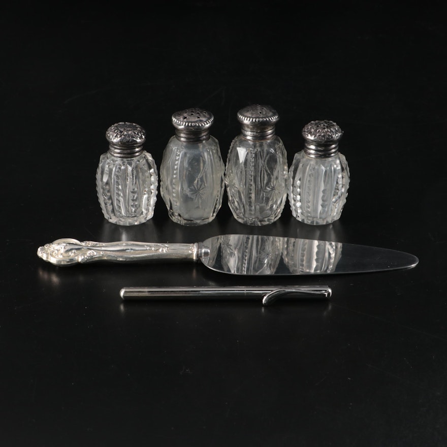 Whiting Sterling Silver Cake Server with Sterling Shakers and Anson Space Pen