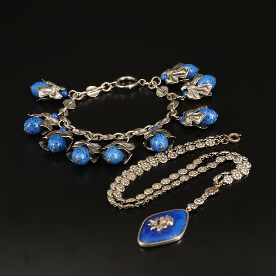 1930s Faux Lapis Lazuli Floral Necklace and Ribbon Bracelet