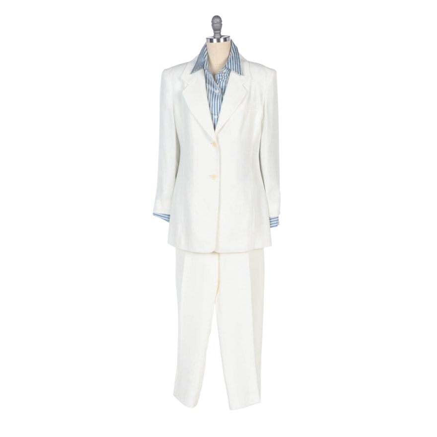 Linda Allard Ellen Tracy Ivory Pantsuit and Blue and White Stripe Silk Shirt