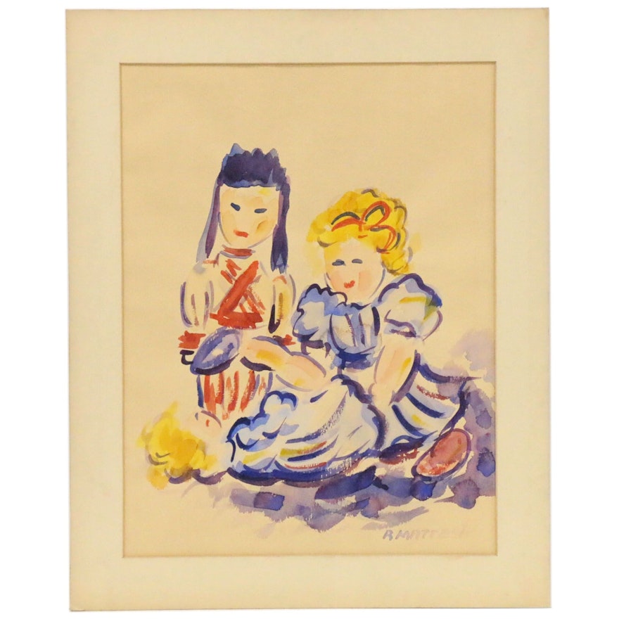 Rudy Mattesich Watercolor Painting of Three Girls, Mid to Late 20th Century
