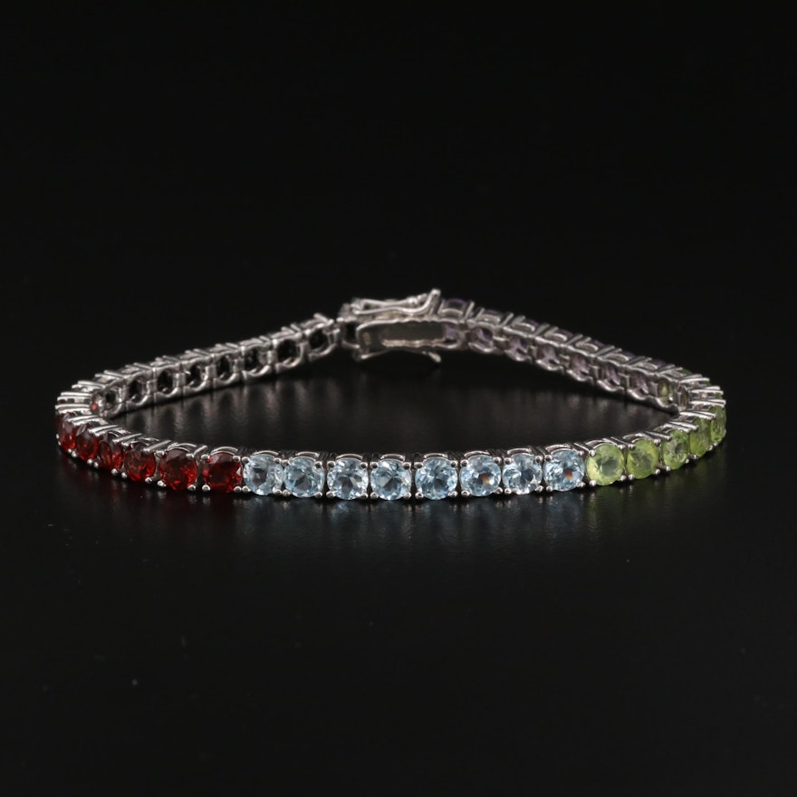 Sterling Silver Peridot, Garnet and Onyx Link Bracelet