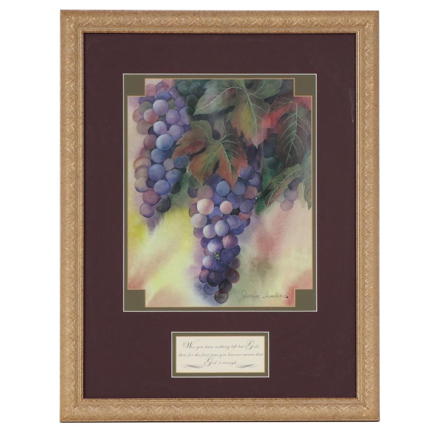 Offset Lithograph after Janice Sumler of Grapes with Inspirational Text