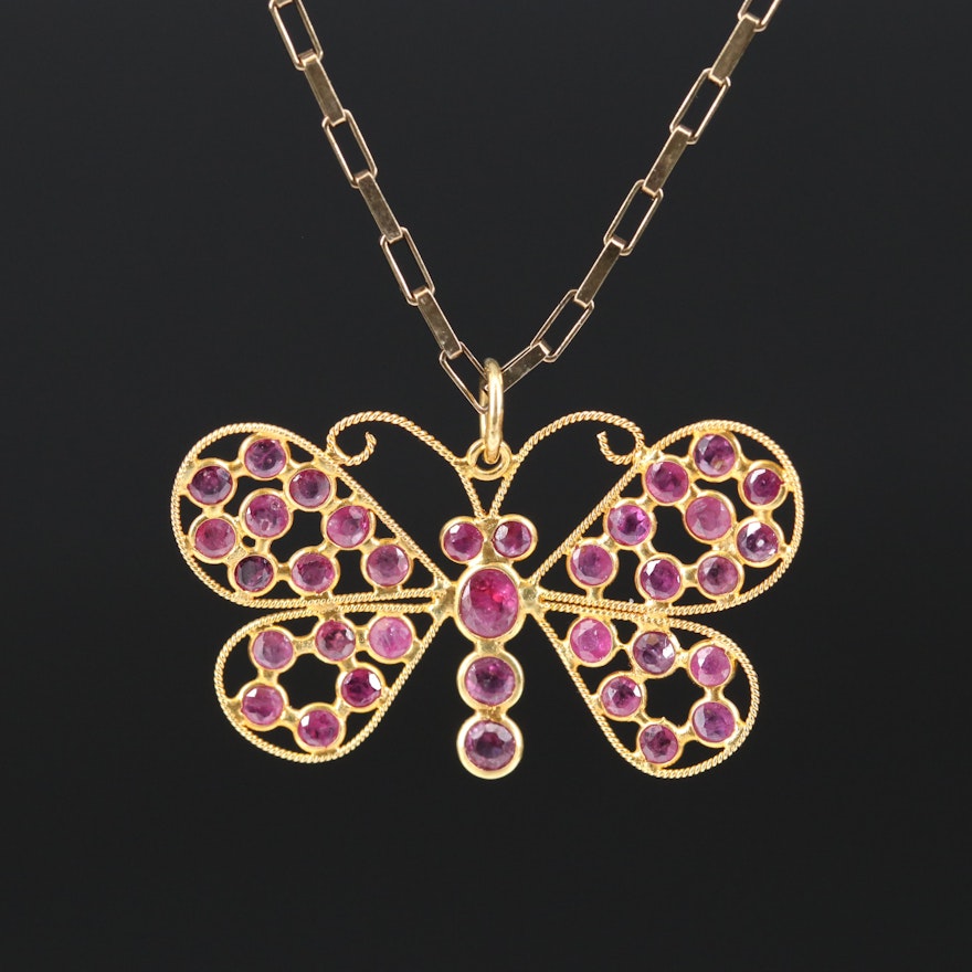 14K Ruby Butterfly Pendant with Sterling Silver Chain
