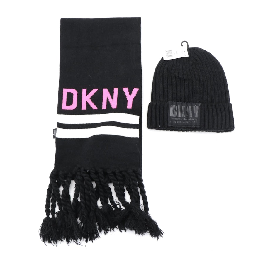 DKNY Black Knit Beanie and Striped Fringed Scarf