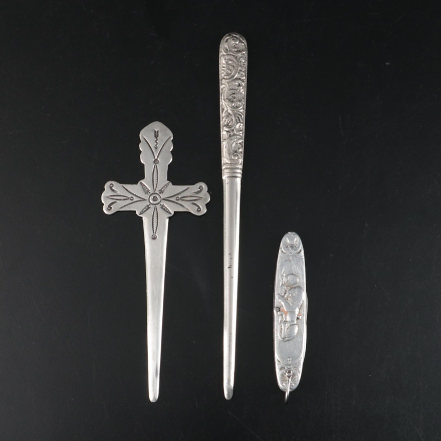 "William Tell/Lion of Lucerne" Pocket Knife, Sterling and Other Letter Openers