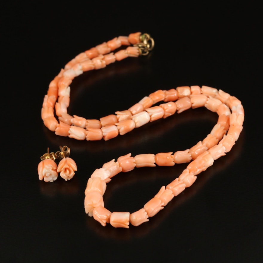 Carved Coral Graduated Necklace and Stud Earrings