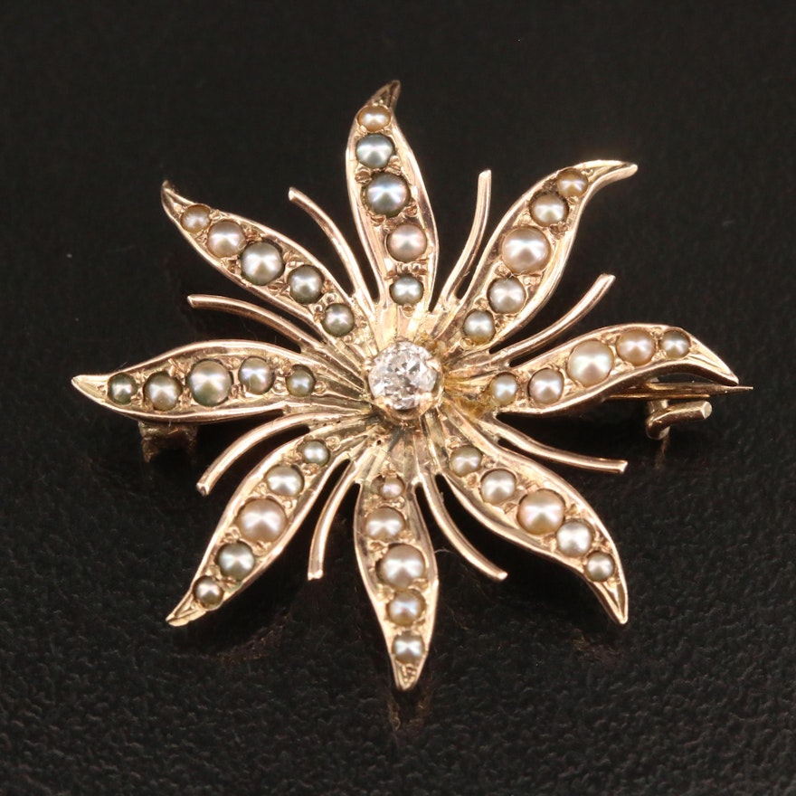 Circa 1890 10K Diamond and Pearl Sunburst Converter Brooch