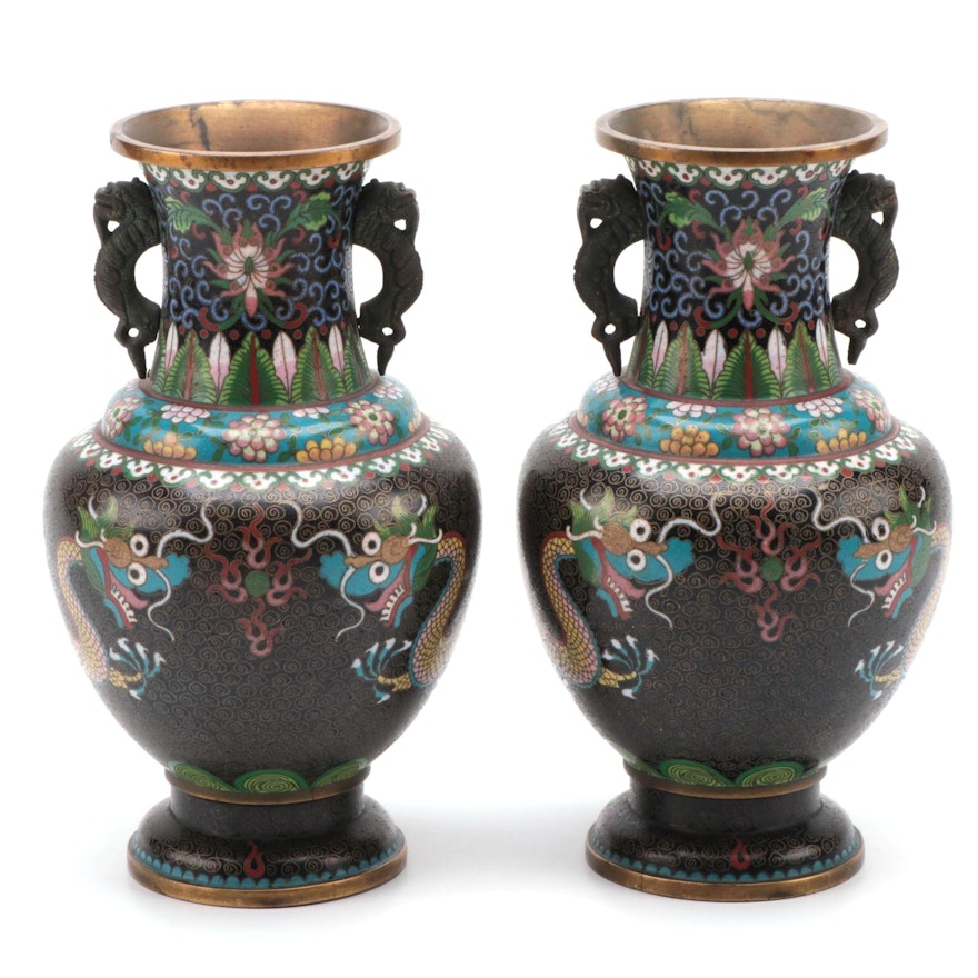 Pair of Dragon Motif Brass Cloisonné Vases