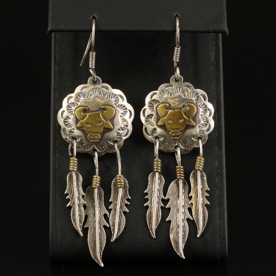 Mexican Sterling Silver Bull and Feather Earrings