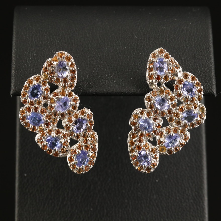 Sterling Tanzanite and Sapphire Biomorphic Cluster Earrings