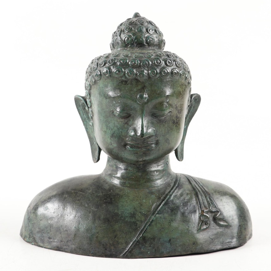 Patinated Verdigris Metal Meditating Buddha Garden Statuette