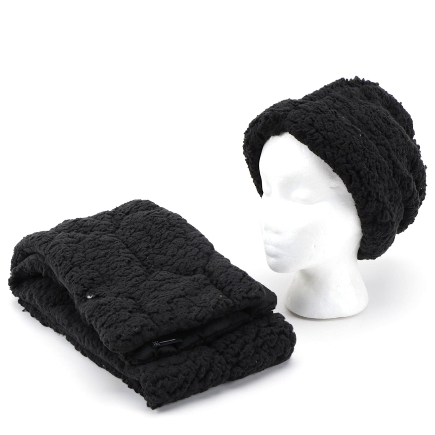 INC International Concepts Black Faux Shearling Beanie and Scarf Set