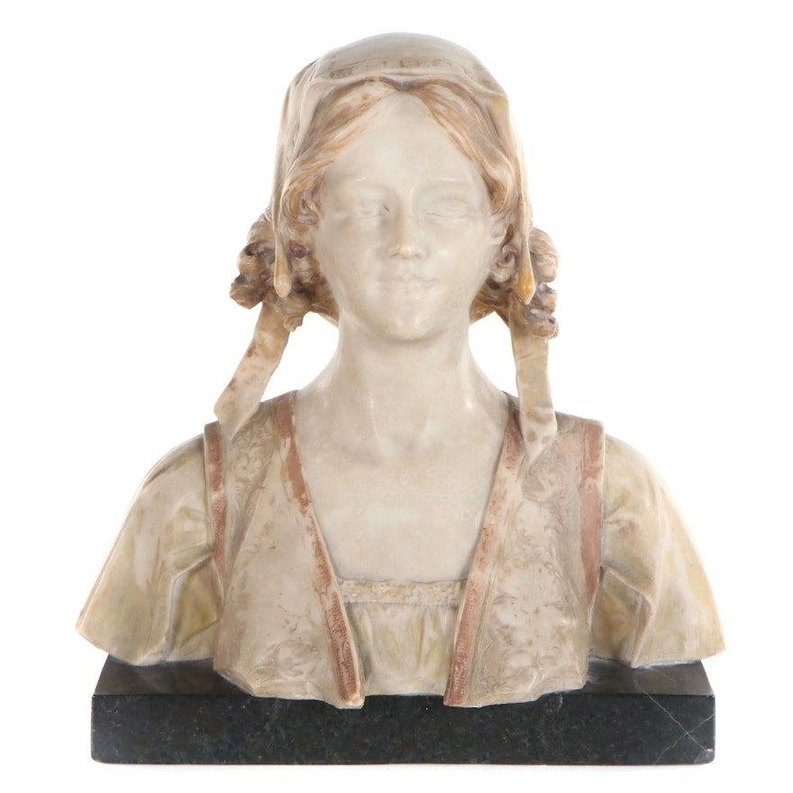 Painted Marble Bust of Young Maiden, Early 20th Century